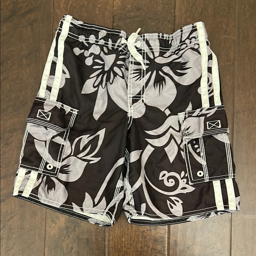Boy's Black and Gray Floral Swim Shorts size small
